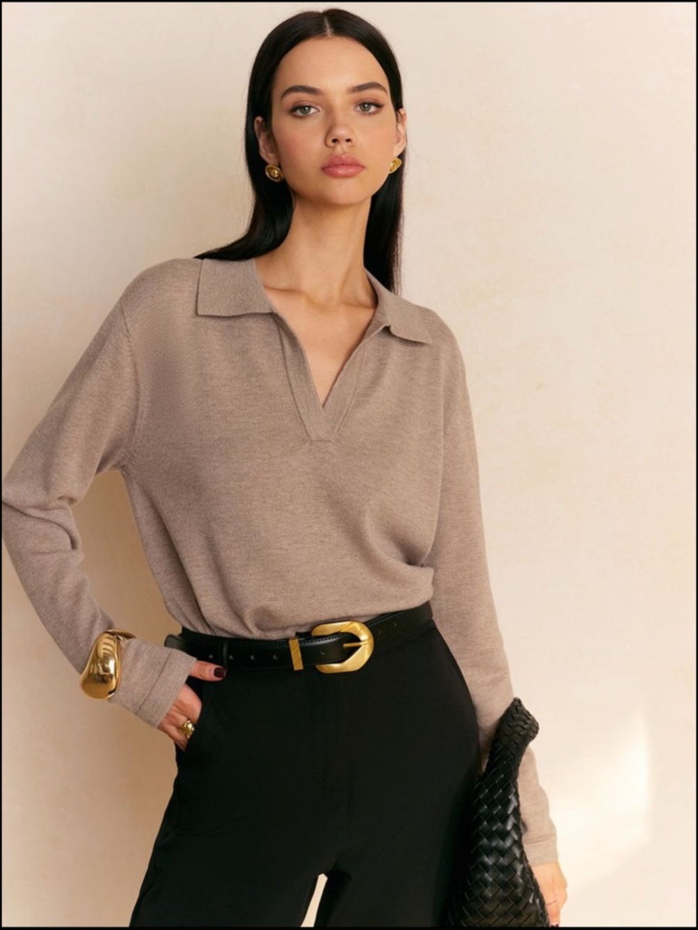 Commense Taupe Collared V-Neck Sweater